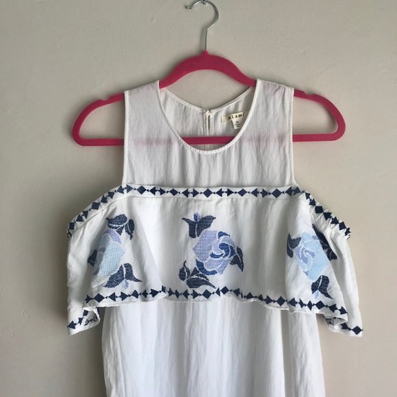 MIAMI / White & Blue Floral Open Shoulder Dress - Picture 2 of 8